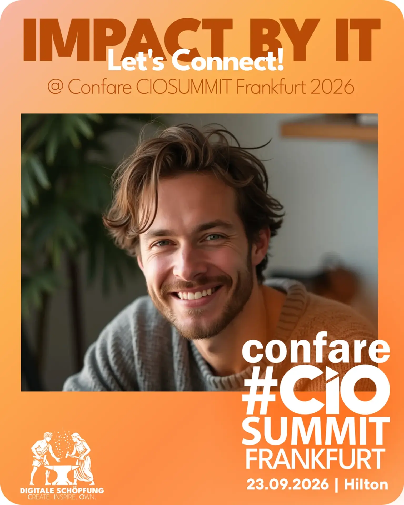 Confare CIOSUMMIT Frankfurt 2026 orange Let's Connect graphic with a participant portrait